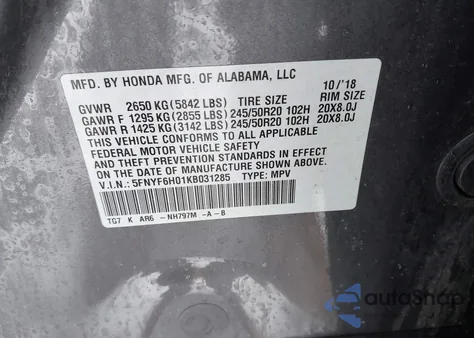 2019 Honda Pilot Elite from USA, damaged, VIN 5FNYF6H01KB031285